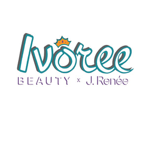 Logo image reads Ivoree Beauty x J. Renée in white letters outlined in teal and purple accents. A golden crown floats above the image.